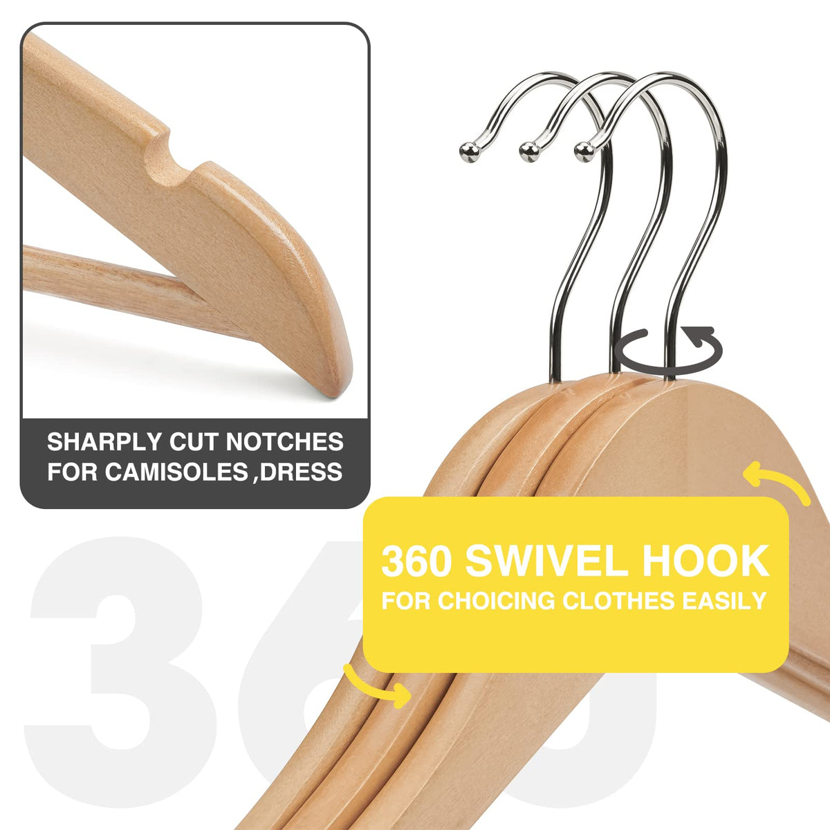 UINICOR wooden hangers with precise grooves on shoulders for slip-resistant grip.