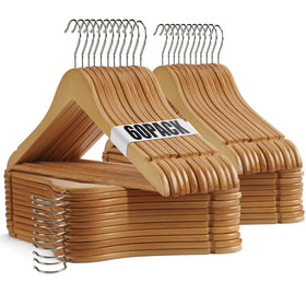 Uinicor wooden hanger with notched shoulders keeps tops neatly in place.