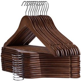 UINICOR wooden hangers with reinforced pant bar supporting heavy coats.
