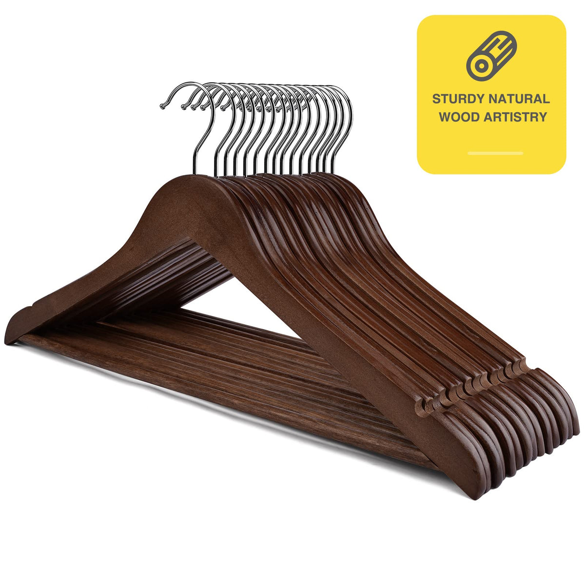 UINICOR wooden hangers featuring smooth edges to prevent snags.