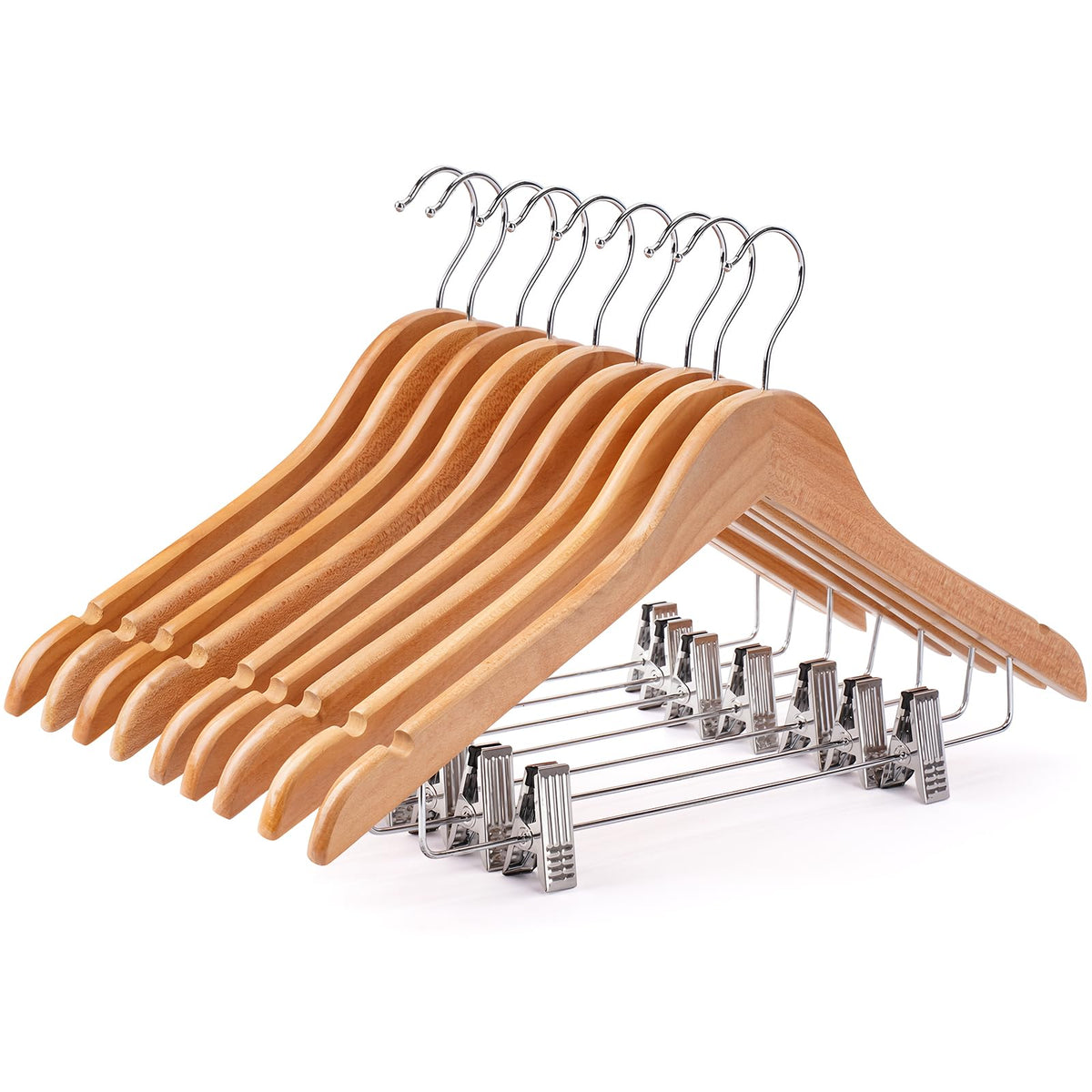 Uinicor wooden hangers with clips in a 12-pack for organized pants and skirts