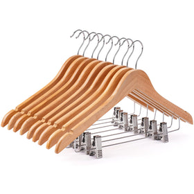 Uinicor wooden hangers with clips in a 12-pack for organized pants and skirts