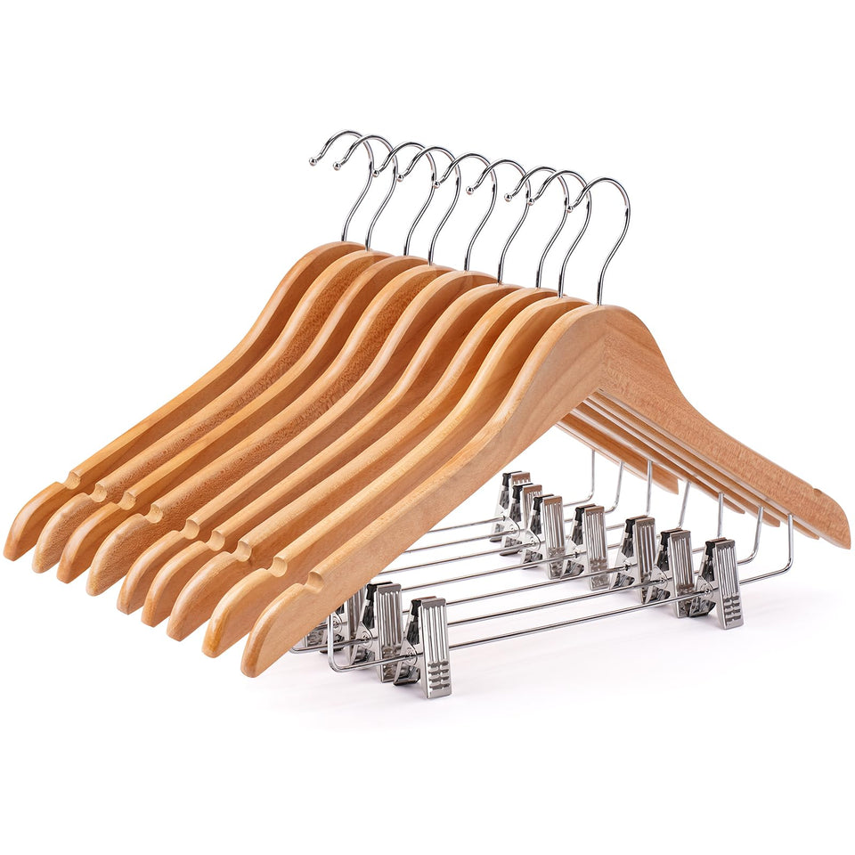 Uinicor wooden hangers with clips in a 12-pack for organized pants and skirts