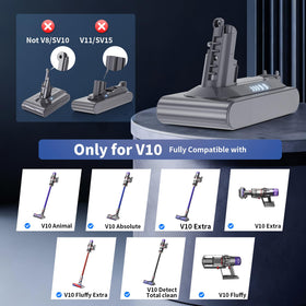 Uionvot 8.0Ah Dyson V10 battery highlighting high capacity for longer use.