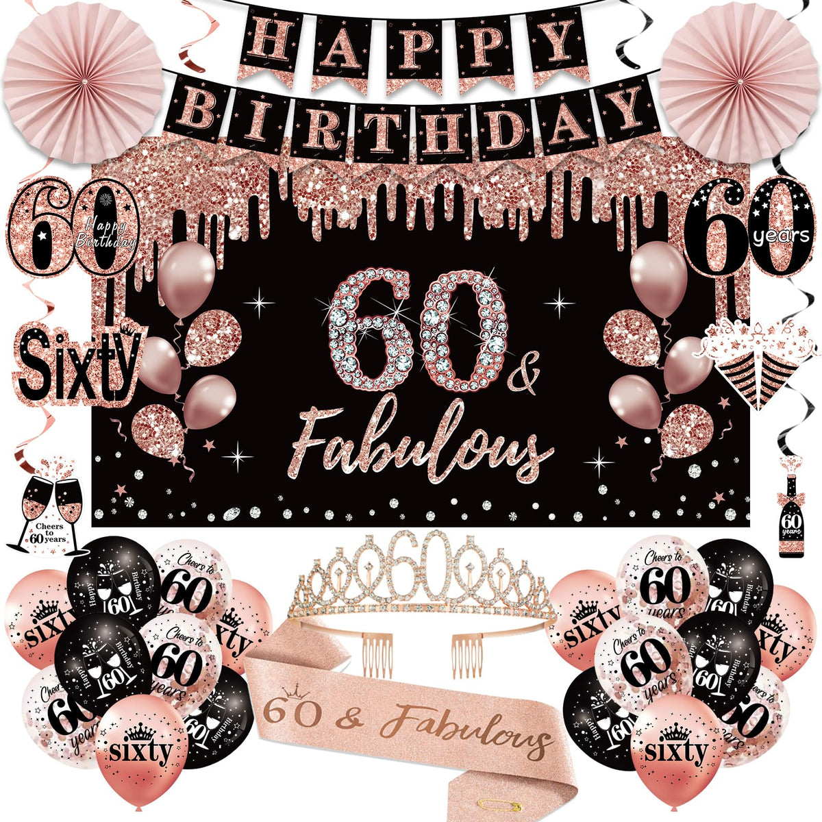Uiorgui 60th banner in black rose gold for milestone photos