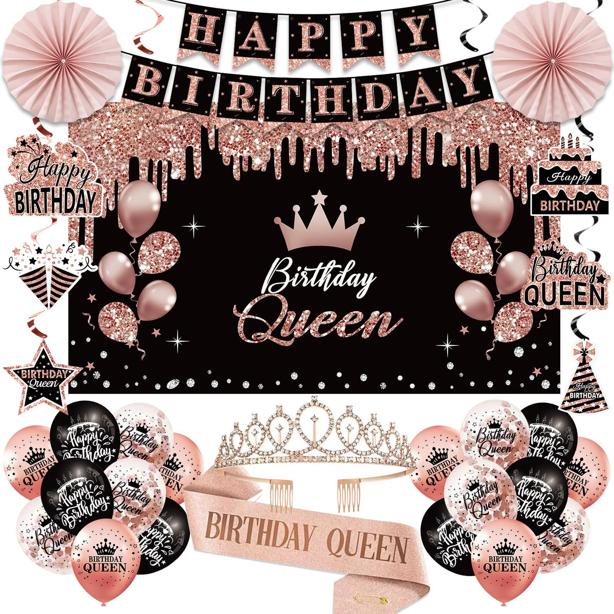 Uiorgui Birthday Queen Crown close-up, rose gold sparkle for festive photo moments.