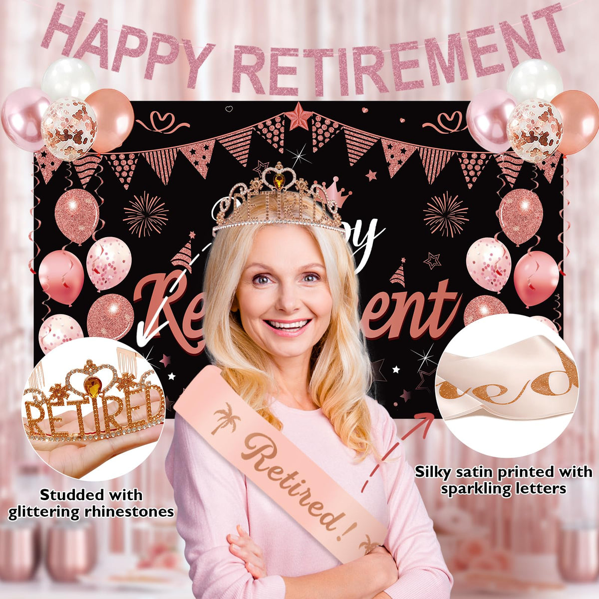 Uiorgui retirement backdrop rose gold enhances party photos and ambiance