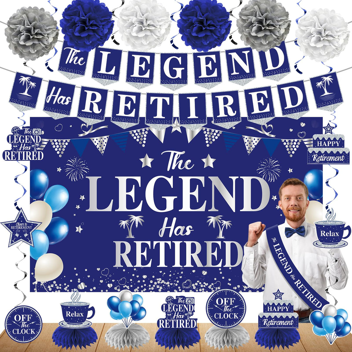 Uiorgui retirement banner in blue and silver creates a bold photo backdrop.