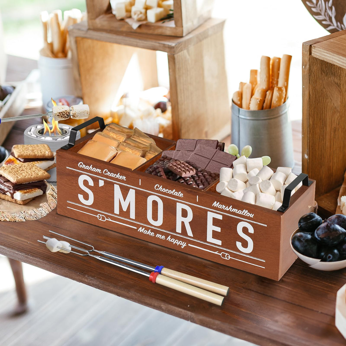 Uipame farmhouse decor box enhances campfire setup with rustic charm.