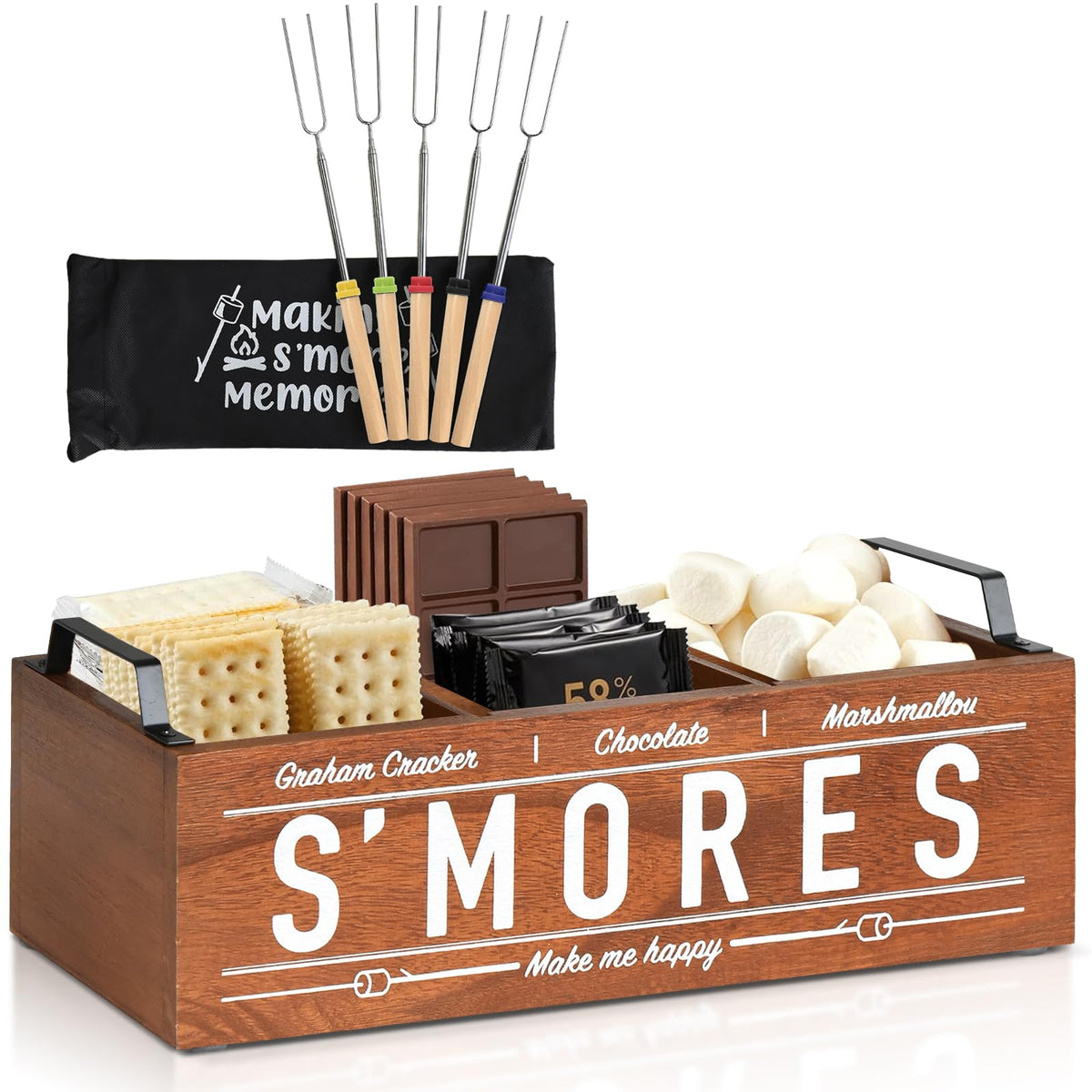 Uipame smores station wooden caddy showing organized compartments for easy outdoor snacking.