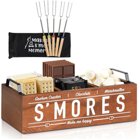 Uipame smores station wooden caddy showing organized compartments for easy outdoor snacking.