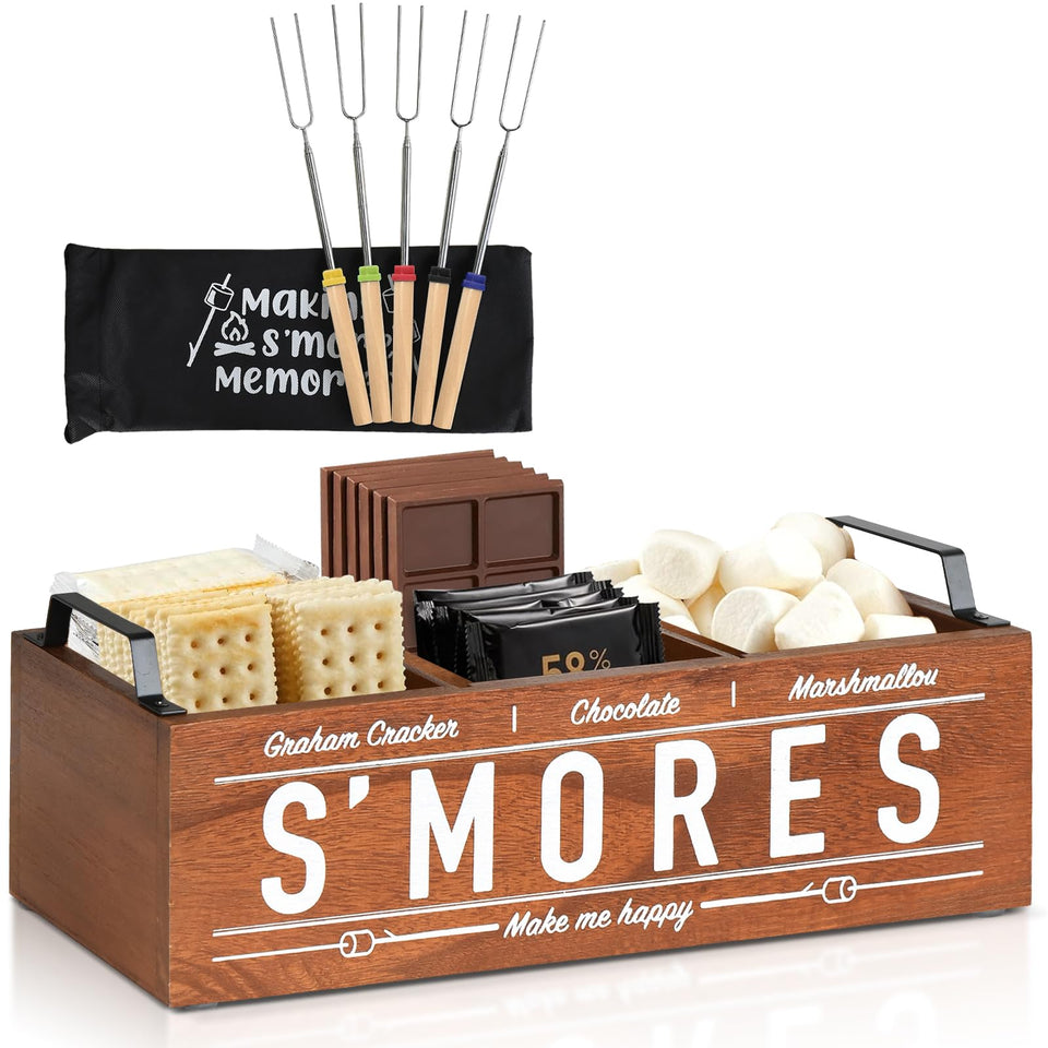 Uipame smores station wooden caddy showing organized compartments for easy outdoor snacking.