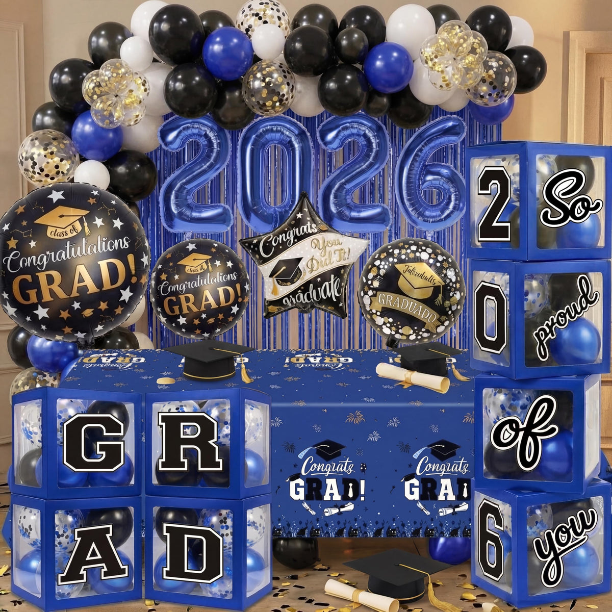 UJoyant blue balloon boxes with GRAD 2026 stickers for a polished milestone display.