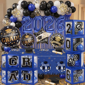 UJoyant blue balloon boxes with GRAD 2026 stickers for a polished milestone display.