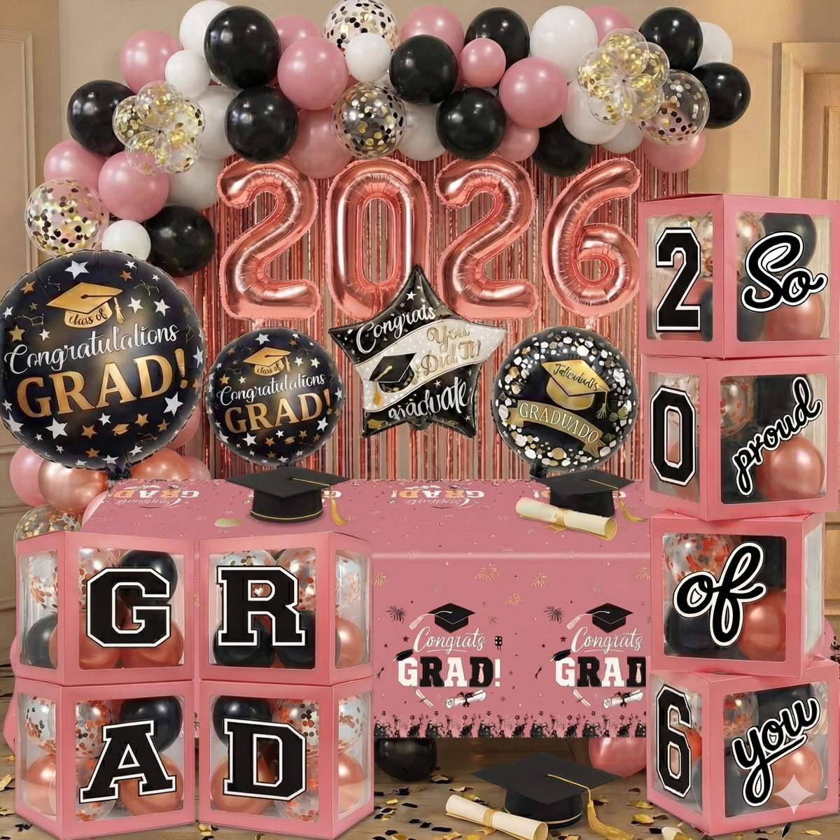 UJoyant pink fringe curtains add drama to graduation décor