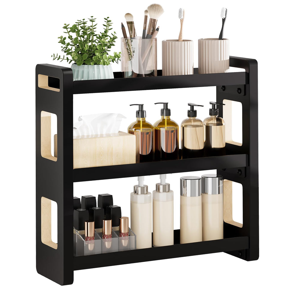 UJQSUN 3-tier bathroom counter organizer displays toiletries neatly on the vanity
