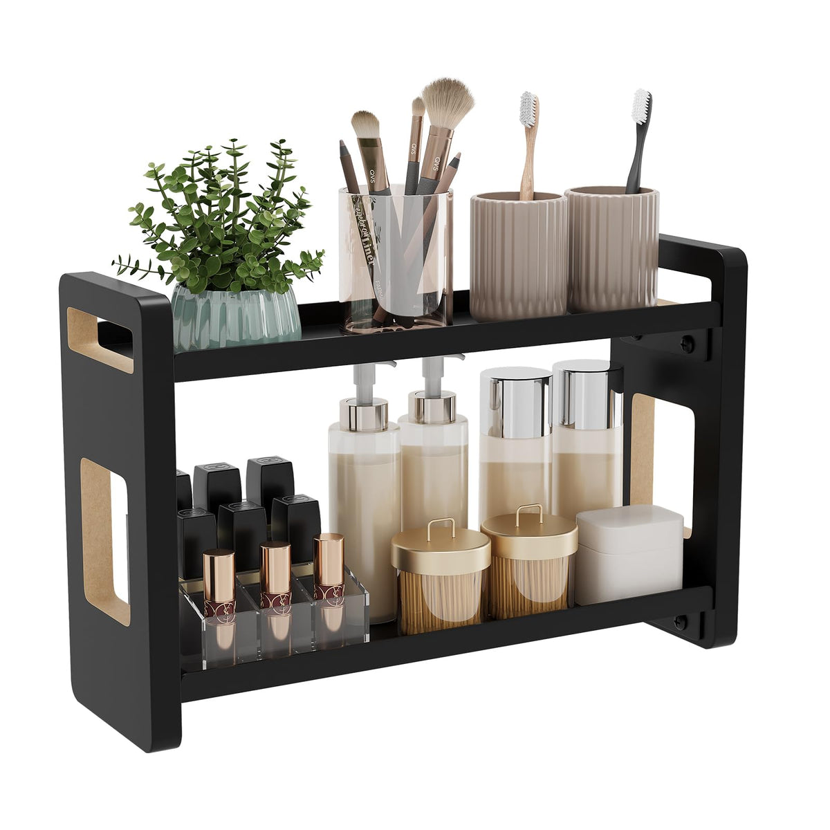 UJQSUN 2-Tier bathroom counter organizer in black keeps toiletries neatly arranged