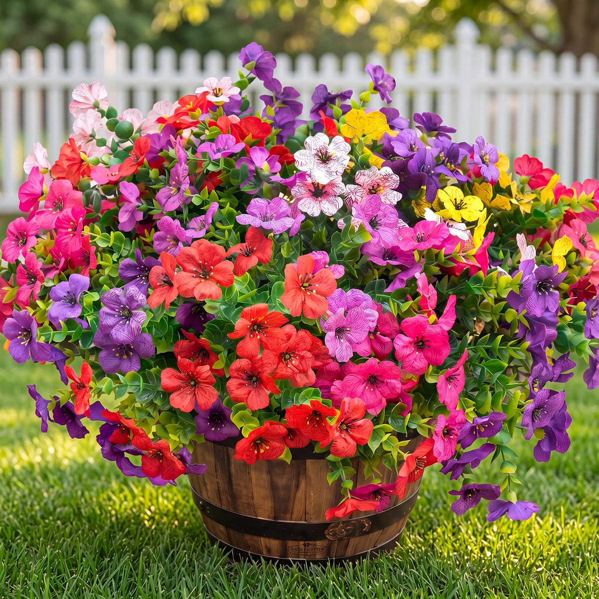 UJROQI artificial violet flowers outdoors in a 16-stem mix for year-round curb appeal.