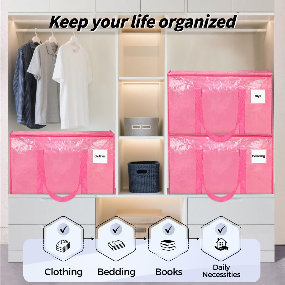 Dorm room organization with Ukeetap pink bags and lids.