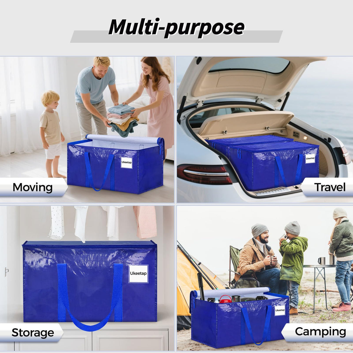 Ukeetap extralarge moving bag folds flat for compact storage when not in use.