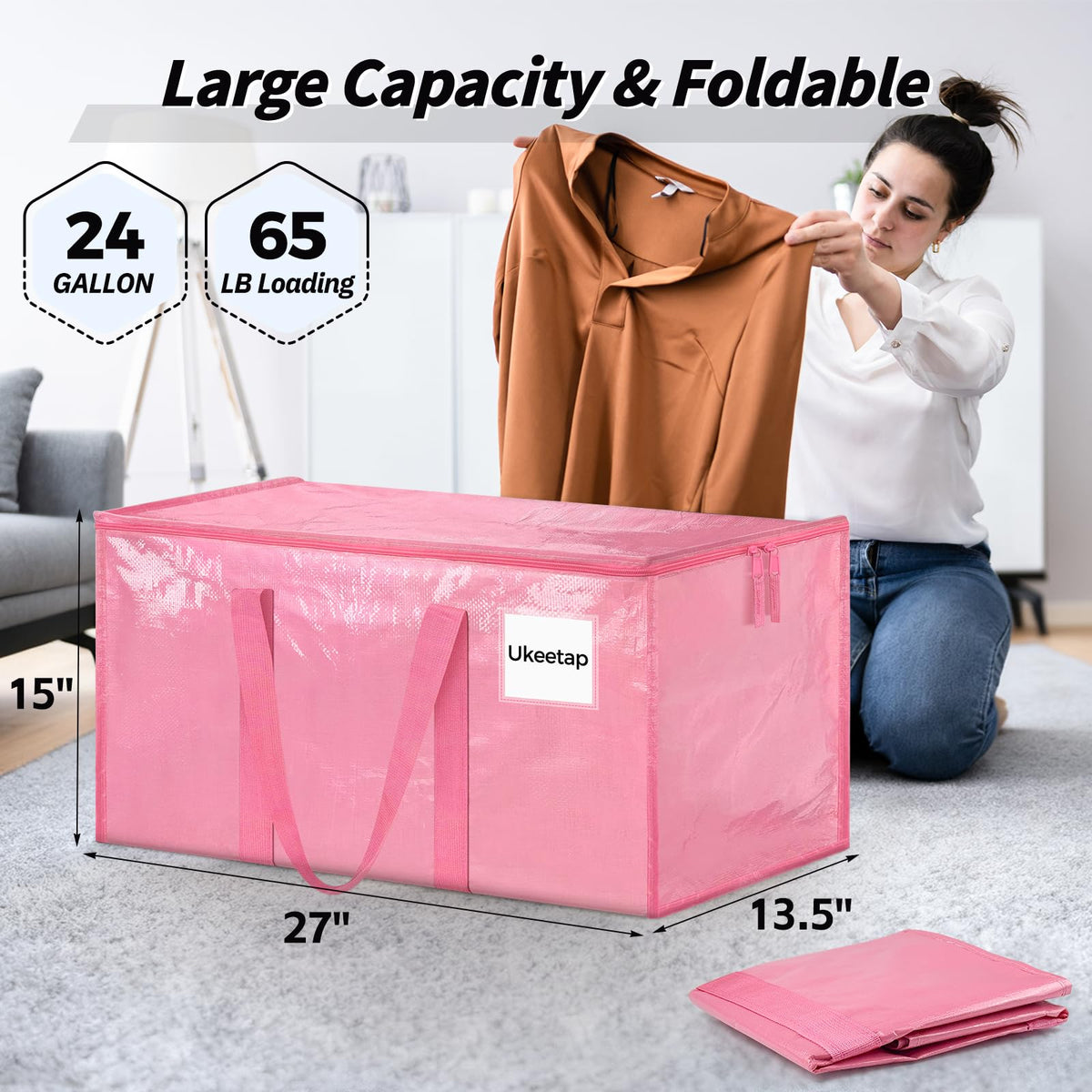 Reinforced handles on the pink Ukeetap bag for sturdy lifting.