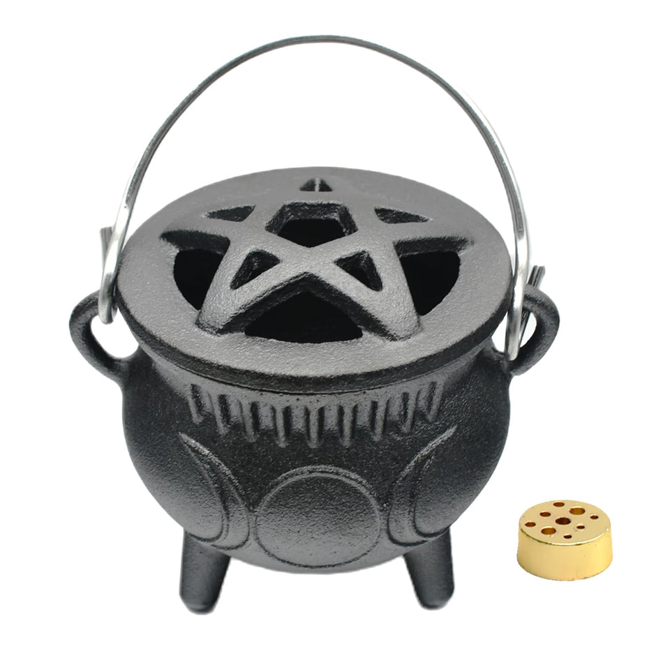 UKENEM cast iron cauldron with lid and handle for ritual setup and portability