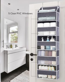 ULG over-the-door organizer 10 mesh side pockets offer easy access to chargers and remotes.