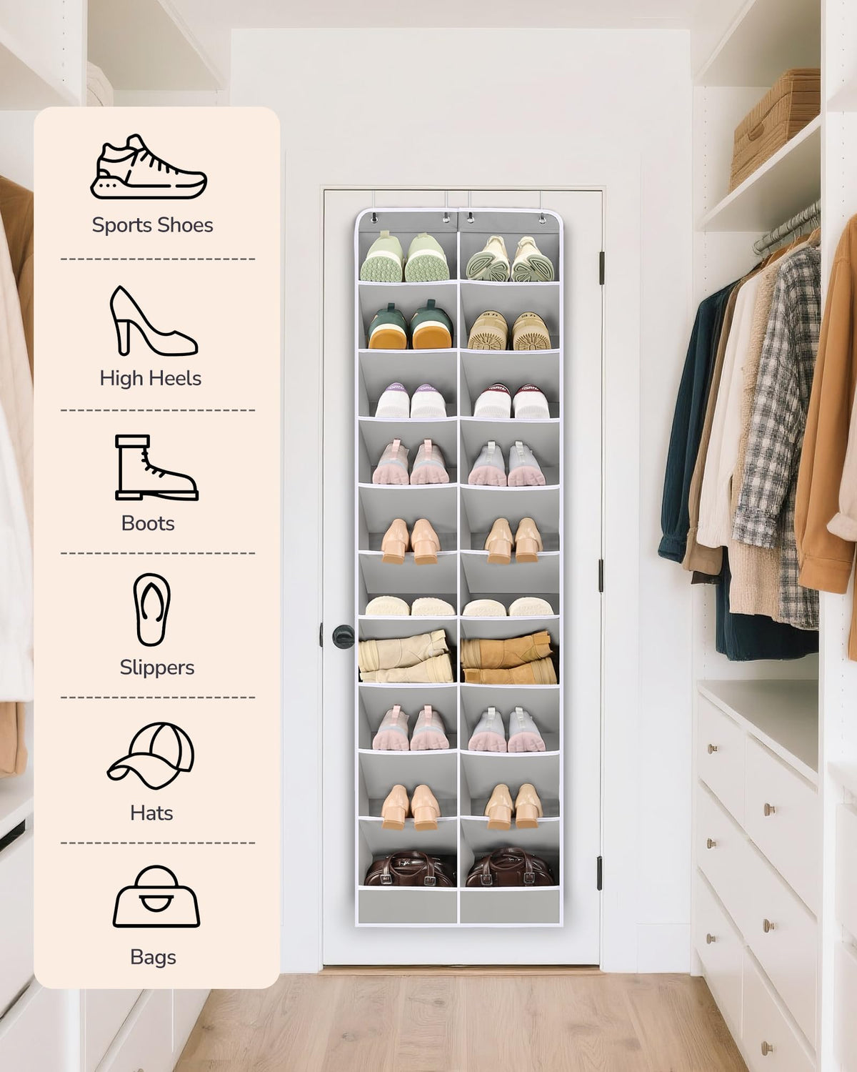 ULG Over The Door Shoe Organizer keeps shoes organized and accessible daily.