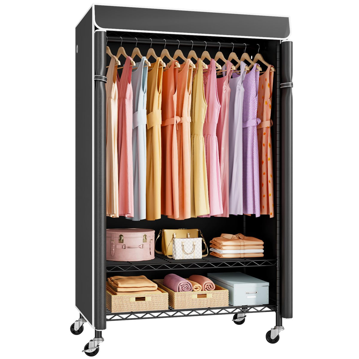 ULIFHOME P6C rolling clothes rack with cover, sturdy frame ready for heavy wardrobe loads