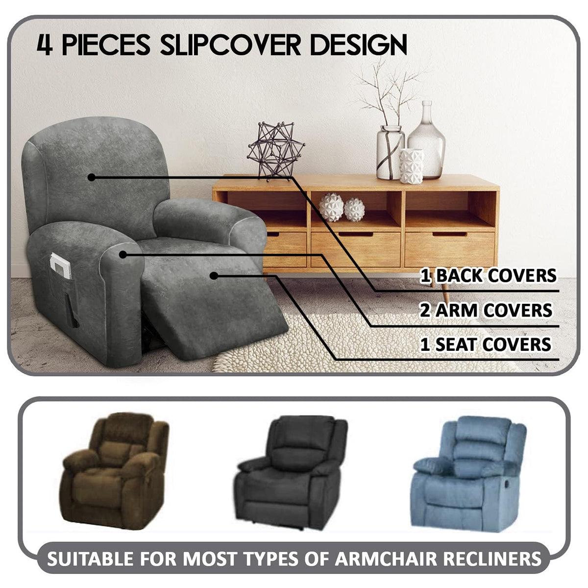 ULTICOR dark grey velvet recliner cover side view with secure fit