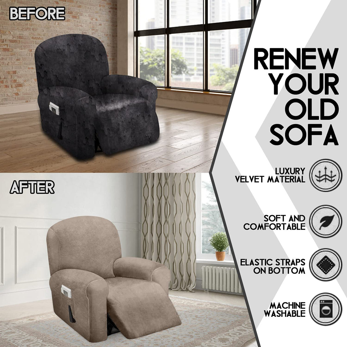 ULTICOR velvet recliner cover four-piece set transforms your chair with ease.