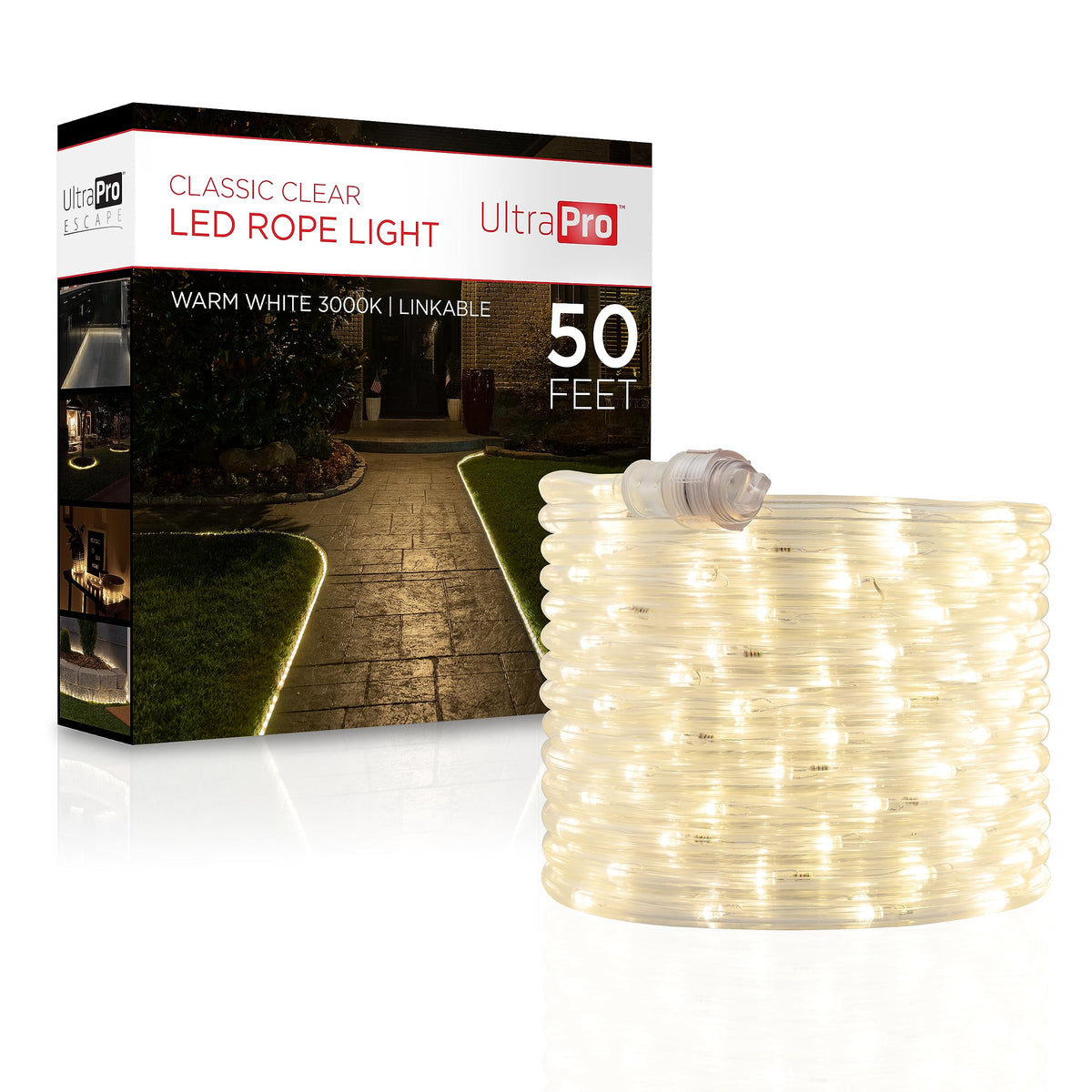 UltraPro Escape rope light 50ft, warms outdoor spaces with a soft, warm glow.