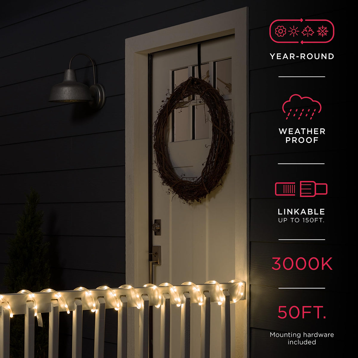 UltraPro Escape rope light wrapped around a tree for ambient nighttime ambiance.