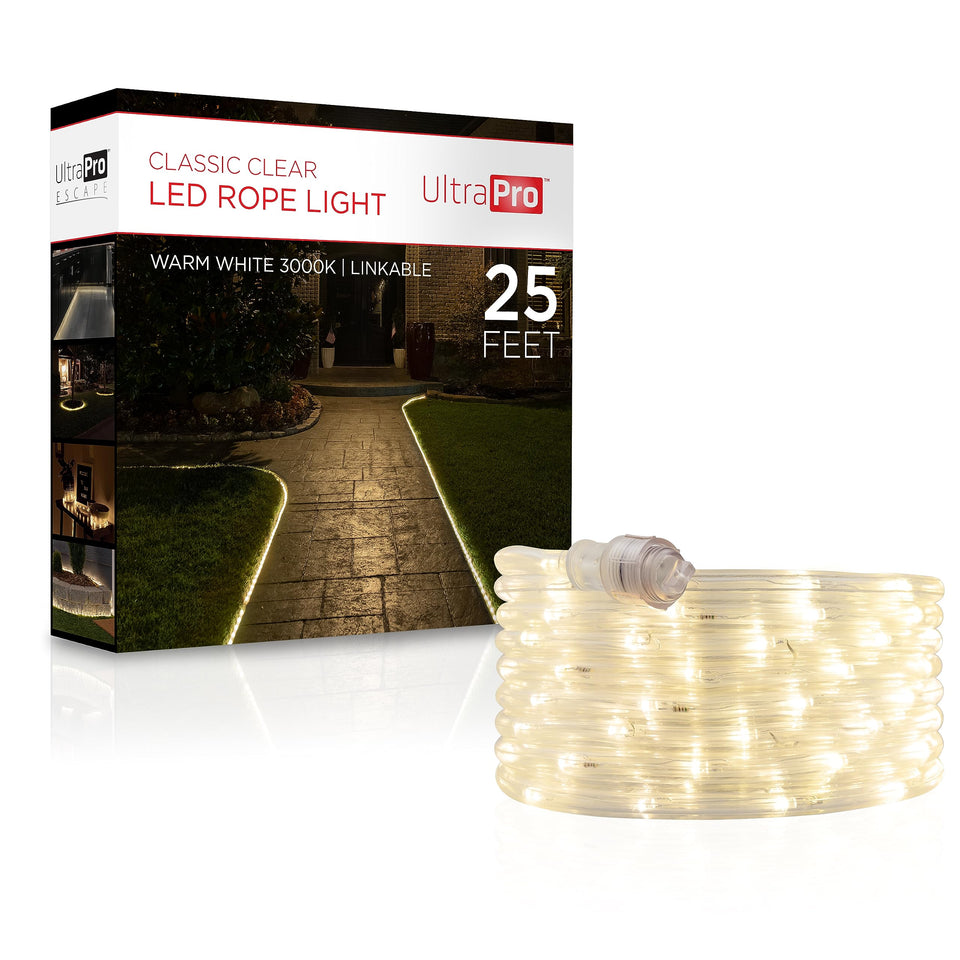 UltraPro LED Rope Lights 25ft box and hardware for quick setup.