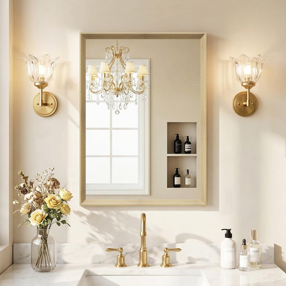 Ultrue oak wood frame wall mirror front view, ideal for bathroom vanity.
