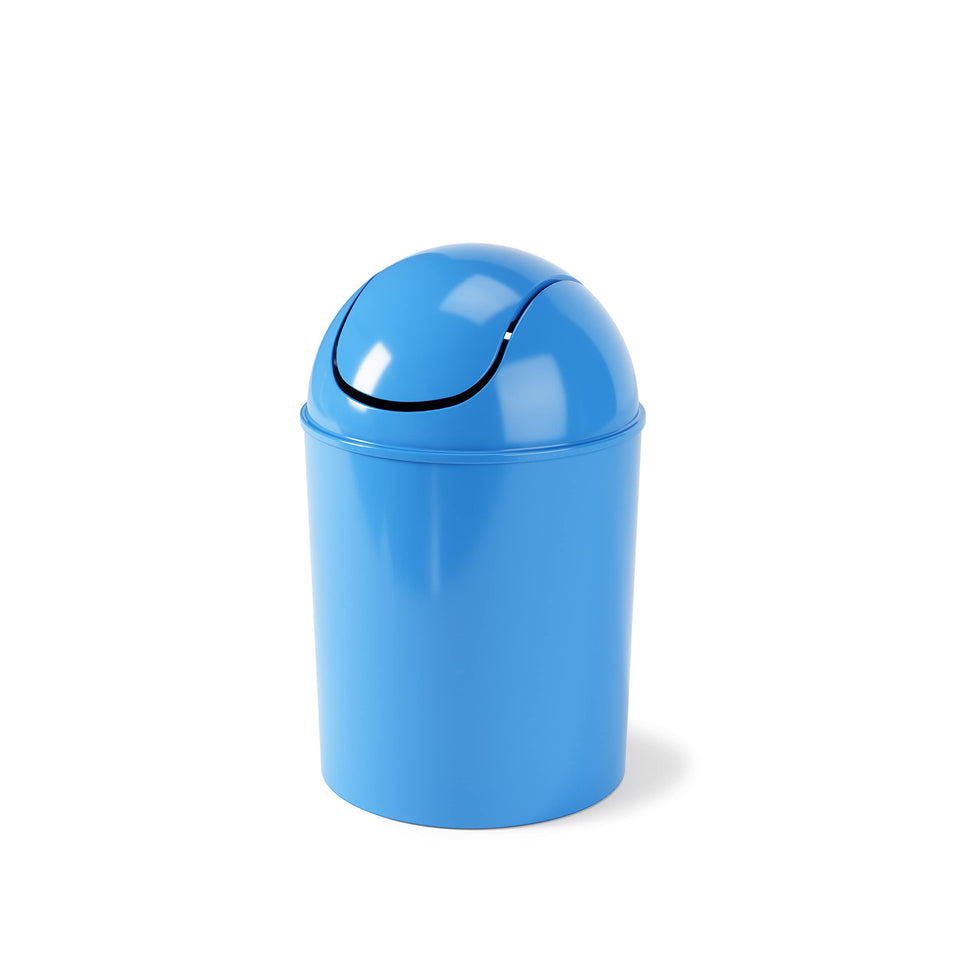 Umbra 1.25-gallon mini waste can with swing-top lid keeps trash neatly contained.