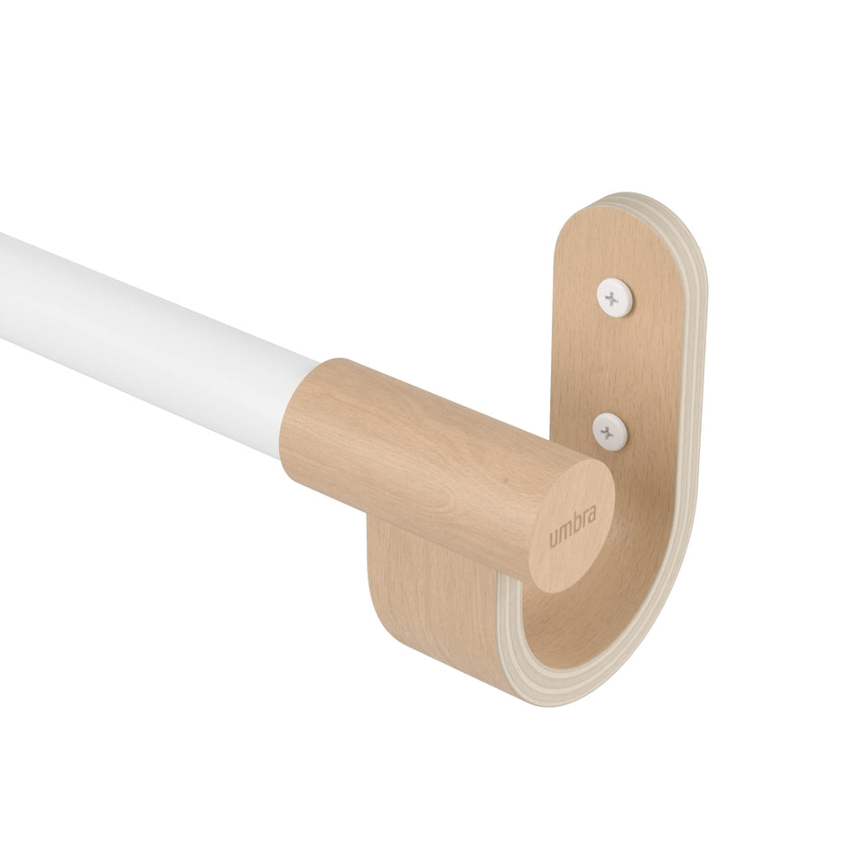 Umbra Bellwood curtain rod assembled with white finish ends for a clean, modern window look