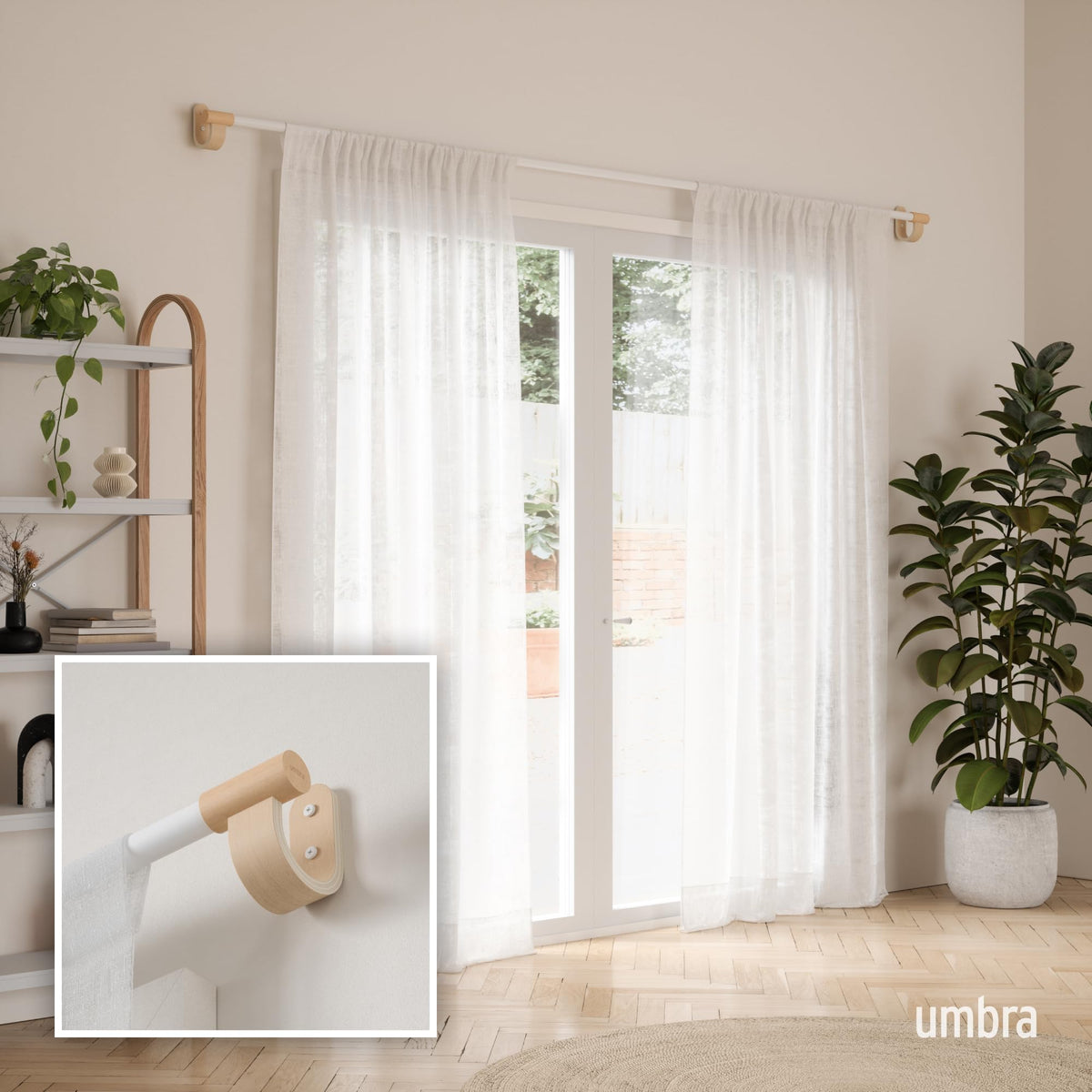 Umbra Bellwood wall bracket close-up highlighting wood-finish finials for a stylish accent