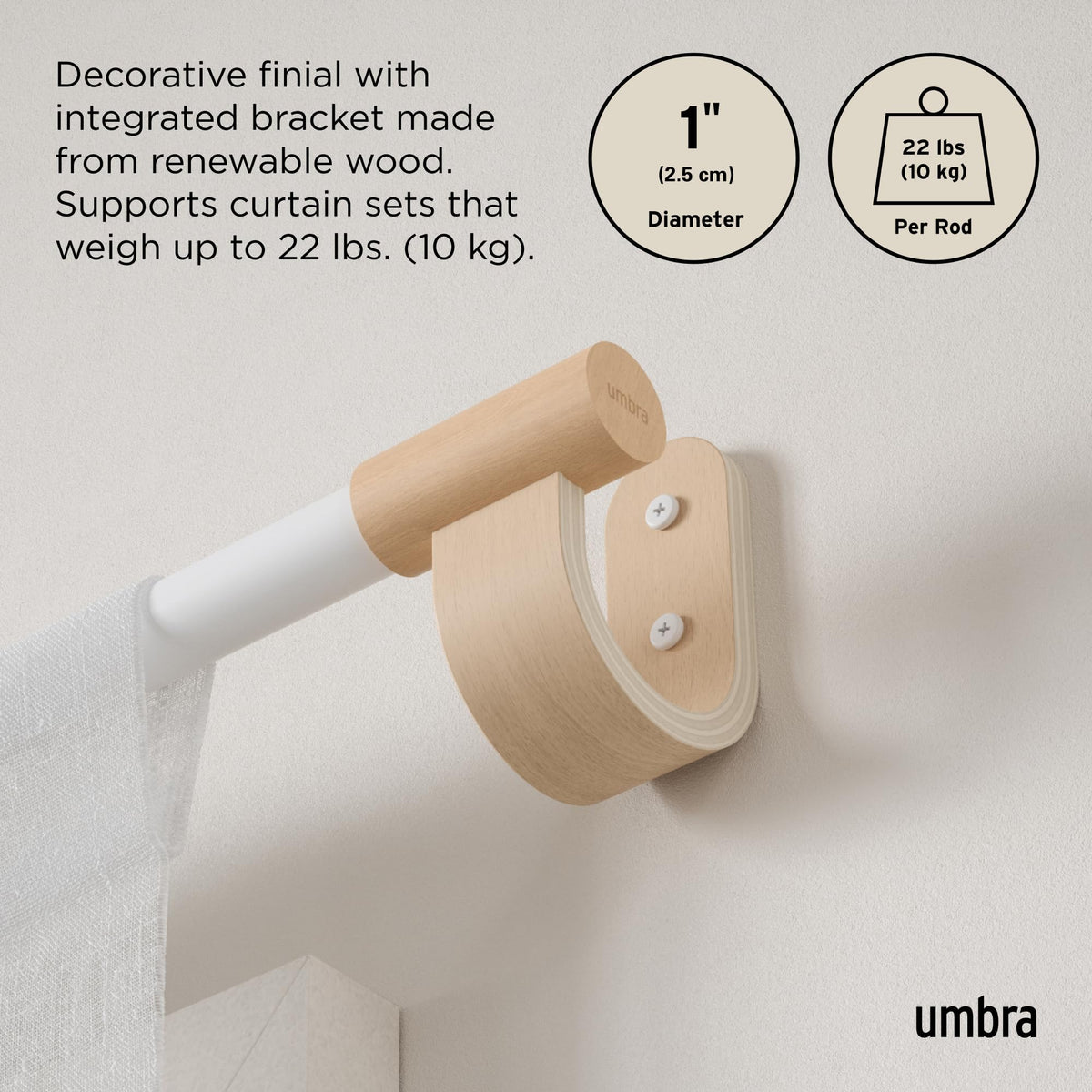 Umbra Bellwood 1-inch diameter rod with wood-finish finials adds warmth