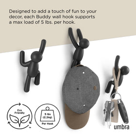 Umbra Buddy wall hooks feature durable molded plastic for daily use.