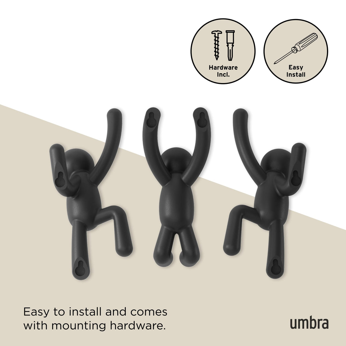 Umbra Buddy wall hooks install easily with concealed mounting hardware.