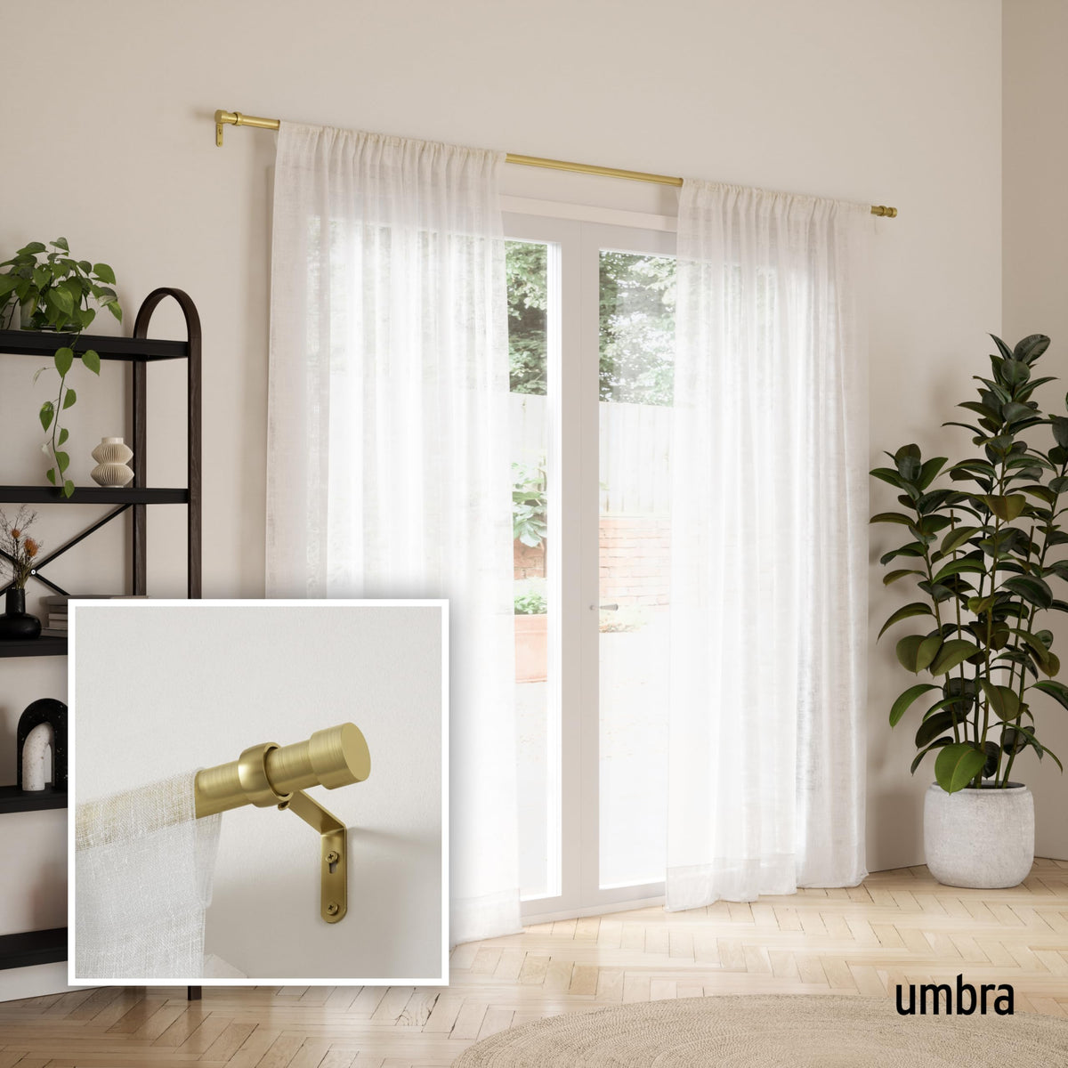 Umbra Cappa finial brass adds subtle modern detail to drapery.