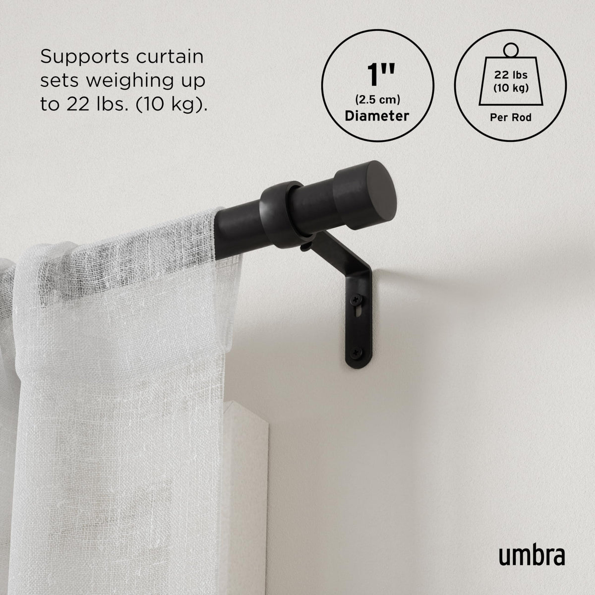 Umbra Cappa hardware with anchors ensures dependable curtain support.
