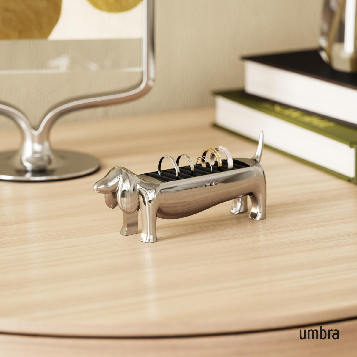 Dachsie design stores up to 10 rings on nightstand or desk