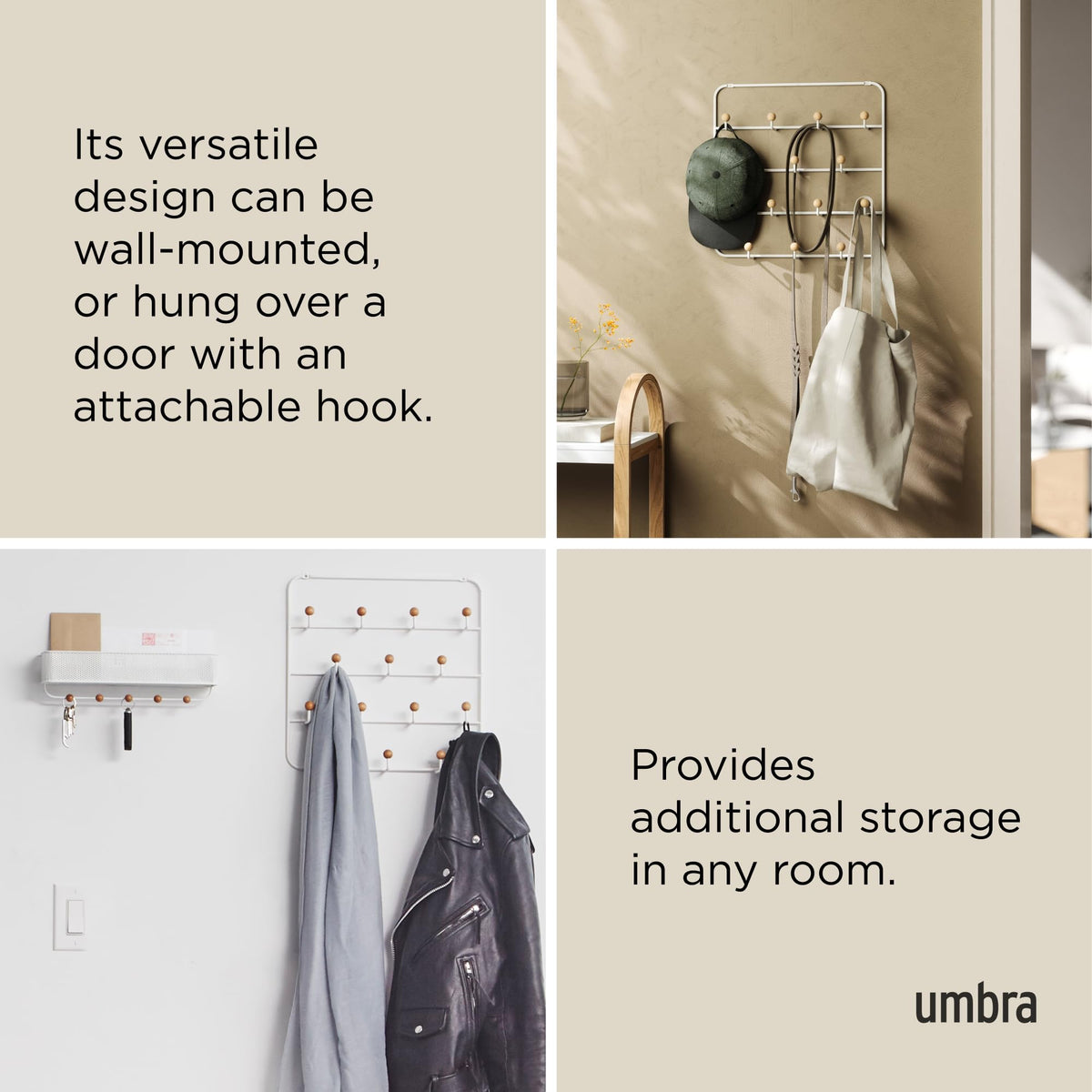 Umbra Estique combines modern minimalist design with warm wood pegs.