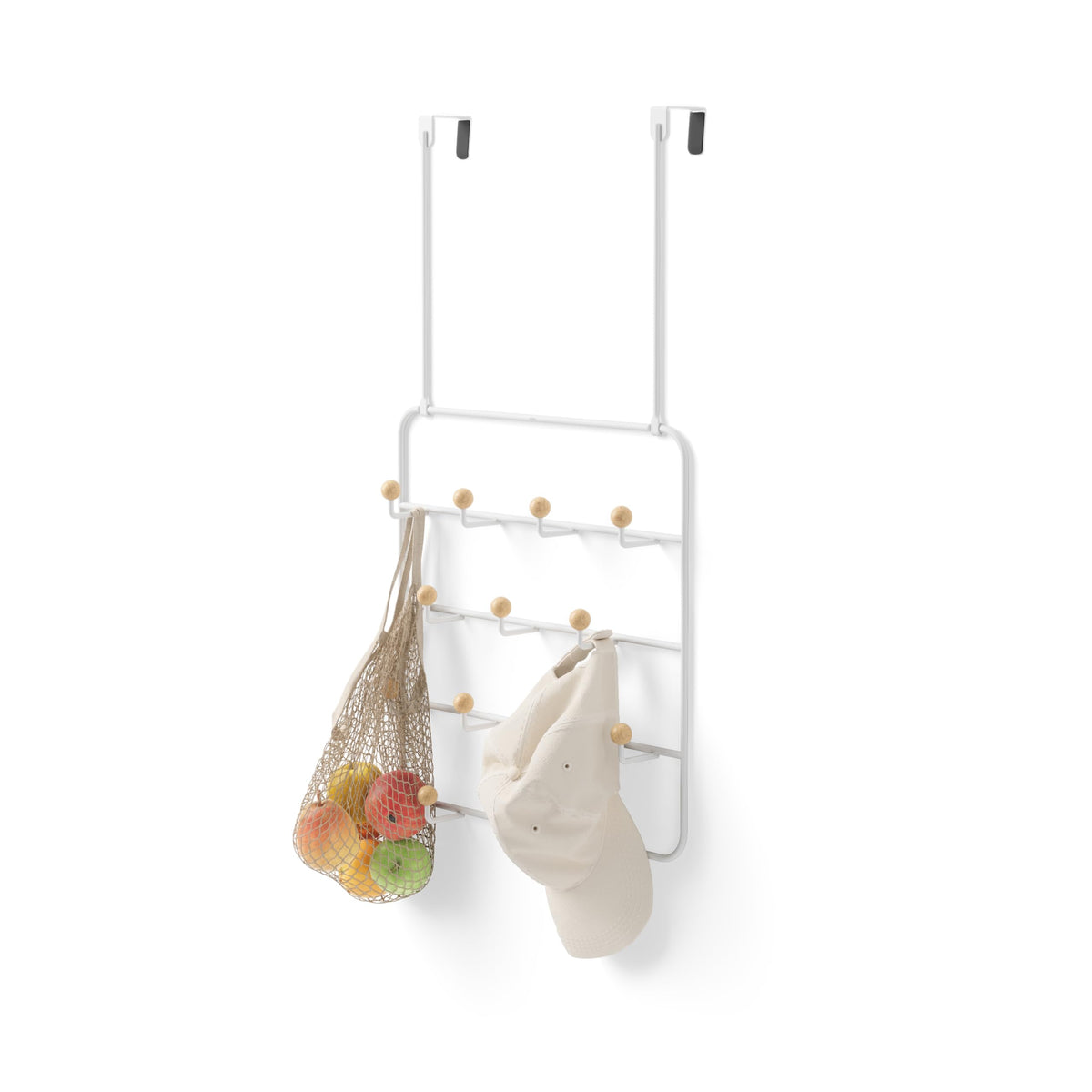 Umbra Estique over-the-door coat rack shows 14 hooks for organized entryways.