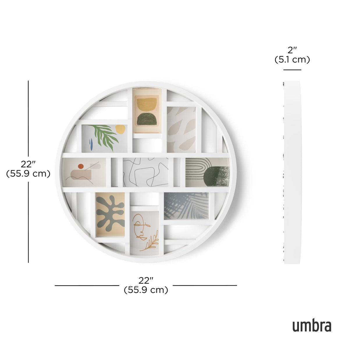 Umbra Luna features a large 23-inch diameter frame for bold wall art.