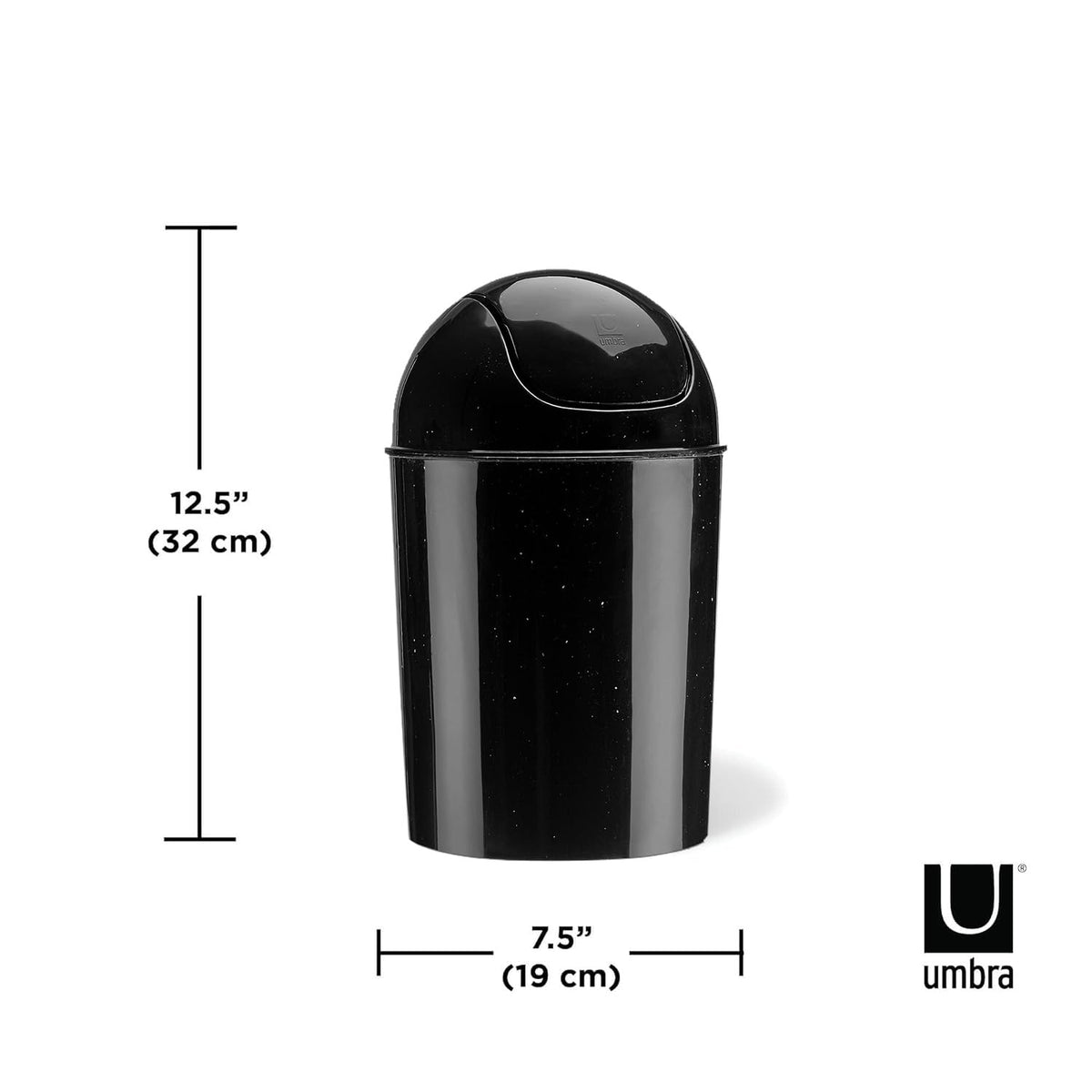 Umbra mini waste can with domed swing-top lid keeping trash concealed.