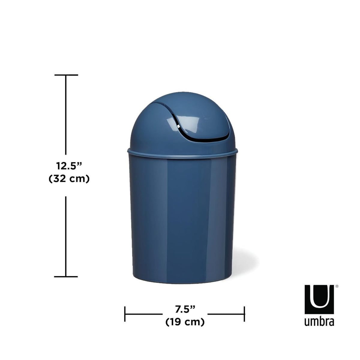 Umbra mini waste can features durable polypropylene and a sleek high-gloss finish