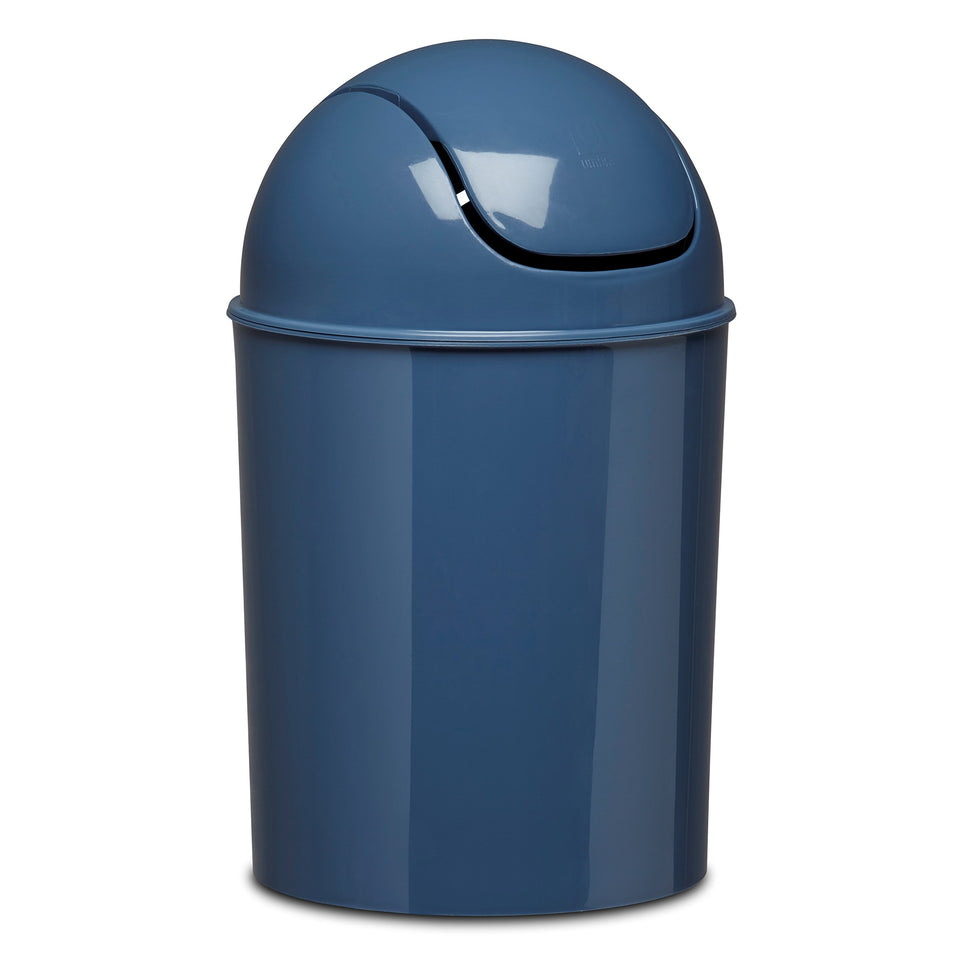 Umbra mini waste can with swing-top lid in mist blue for discreet trash